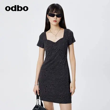 odbo 复古法式方领短袖连身裙女春装新款百搭气质显瘦短裙图片