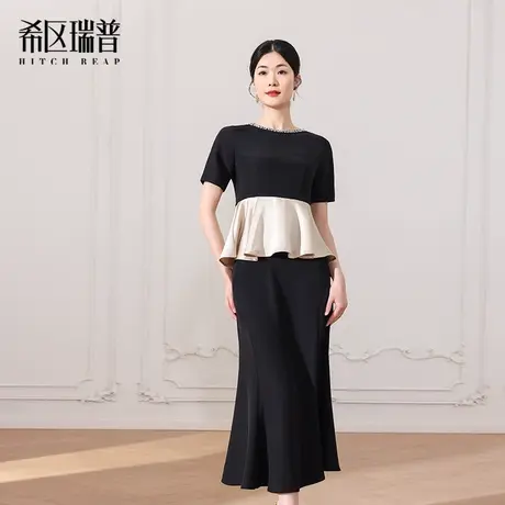希区瑞普拼色花边醋酸套裙时尚女修身短袖半身裙夏职业2025年新品图片