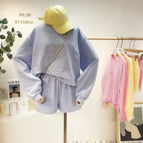 2021秋季新款休闲套装韩国东大门ins潮字母卫衣高腰短裤元气少女图片