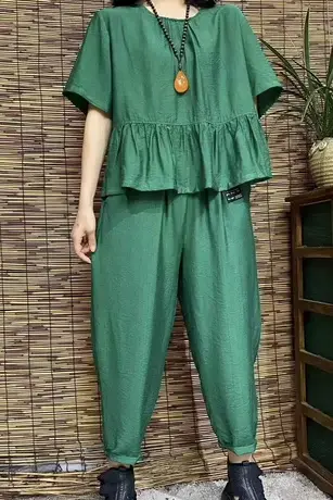 冰丝套装女2023夏季新款大码T恤休闲棉麻九分裤萝卜裤薄款两件套商品大图