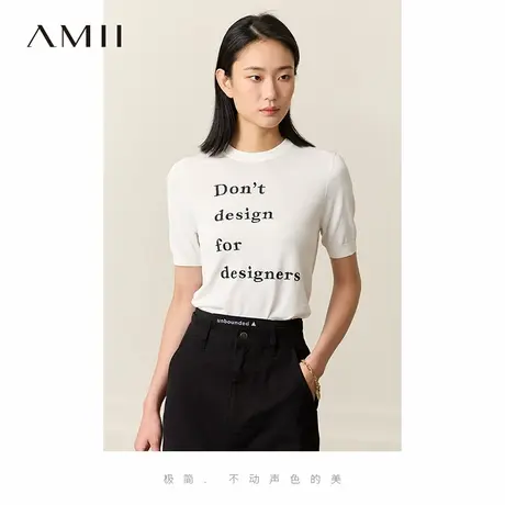 Amii2025夏新款圆领撞色字母绣花短袖毛针织衫女休闲上衣设计感商品大图