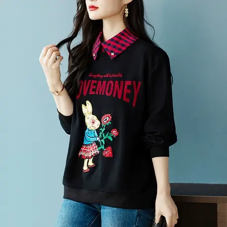 翻领长袖卫衣女春秋新款宽松加大码女装中年妈妈休闲百搭显瘦上衣商品大图