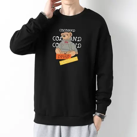 男士卫衣春秋款加绒小熊圆领套头无帽上衣服宽松潮流黑色长袖t恤商品大图