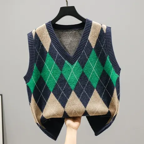 复古菱格针织马甲背心女春秋外搭毛衣坎肩外穿韩版学院风V领马夹图片
