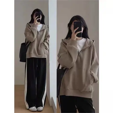 半拉链连帽卫衣女春秋款百搭宽松显瘦设计感小众纯棉上衣外套潮图片