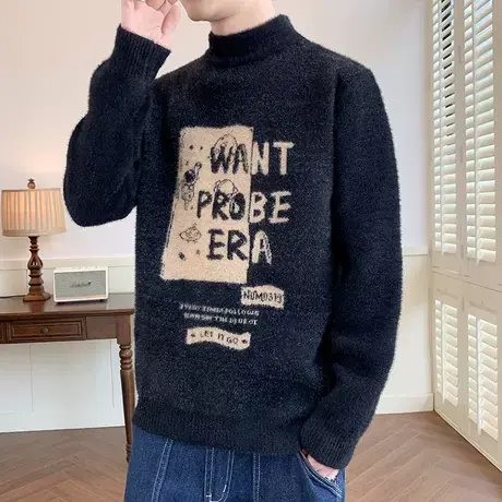 半高领毛衣男秋冬季新款潮牌套头毛线衣青少年保暖软糯打底针织衫商品大图