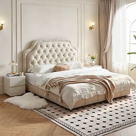 全友家居法式奶油风公主布艺单人床1米5卧室1米8储物双人床商品大图