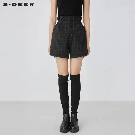 sdeer圣迪奥女装复古高腰木耳边撞色格纹A字短裤S21480912图片