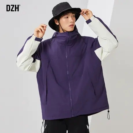 男士紫色工装外套潮牌男拼接上衣秋装2023年新款登山服户外冲锋衣商品大图