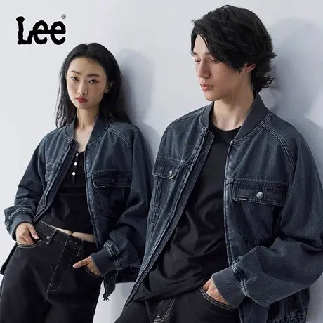 Lee25秋冬新品舒适版棒球领复古深蓝色男女同款牛仔飞行夹克外套商品大图