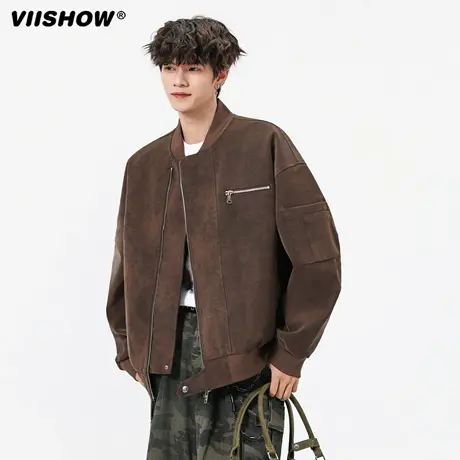 VIISHOW美式vintage棒球服男秋高街痞帅扎染皮夹克短款工装外套潮商品大图
