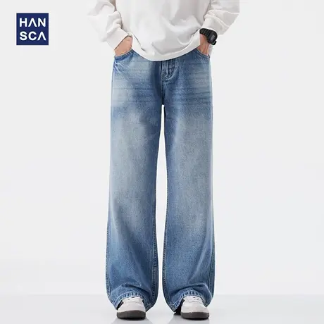 hansca浅蓝色牛仔裤男2025新款秋季男潮直筒阔腿宽松水洗休闲长裤商品大图