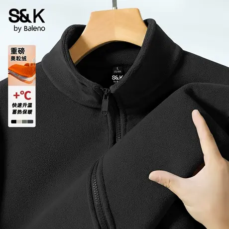 班尼路S&K系列黑色加绒外套男款冬季加厚保暖夹克宽松抓绒上衣男商品大图
