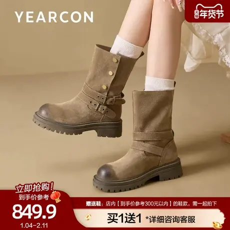 意尔康真皮废土风西部靴女2025冬新款厚底粗跟中筒靴牛仔短靴两穿图片