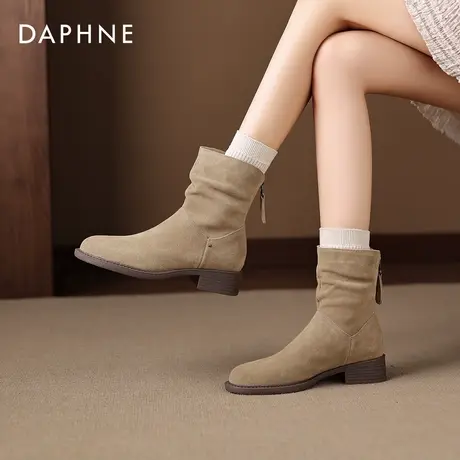 达芙妮西部短靴女2026冬季新款加绒堆堆靴粗跟马丁靴美拉德中筒靴图片