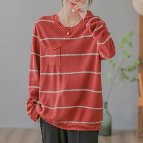 dza 复古圆领套头条纹毛衣女秋新款内搭打底衫休闲上衣口袋针织衫图片