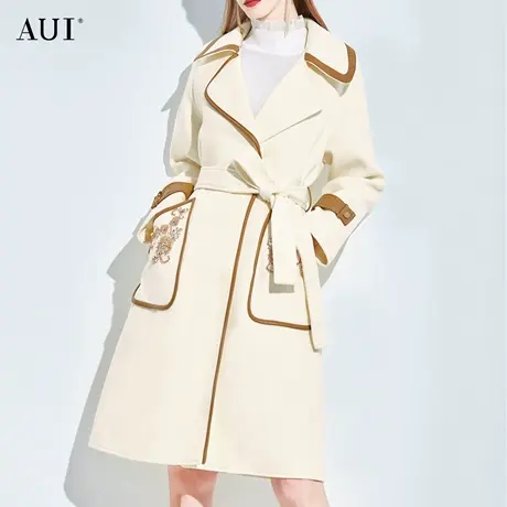 AUI高级感撞色翻领呢子外套女2023秋冬新款米杏色中长款毛呢大衣商品大图