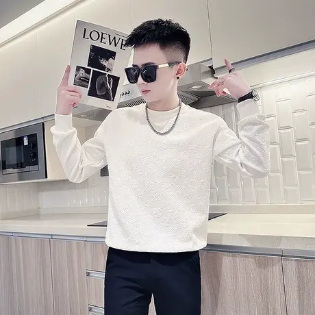 卫衣男秋季痞帅长袖上衣外套休闲个性纯色满印提花修身打底体恤衫商品大图