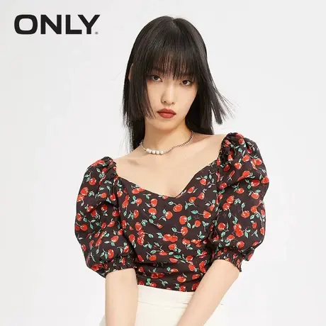 ONLY奥莱夏季修身显瘦泡泡袖印花图案短款雪纺衫女商品大图