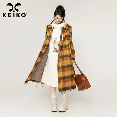KEIKO [夹棉] 马海毛长绒格子毛呢大衣加厚秋冬复古长款呢子外套商品大图