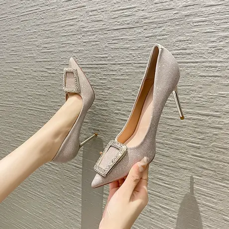 2023年新款秋冬水钻方扣尖头宴会仙女风配裙子法式少女细跟单鞋女商品大图
