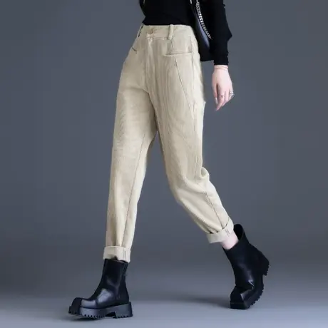 灯芯绒裤子女秋冬款爆款哈伦裤小个子加绒加厚米色条绒九分休闲裤商品大图