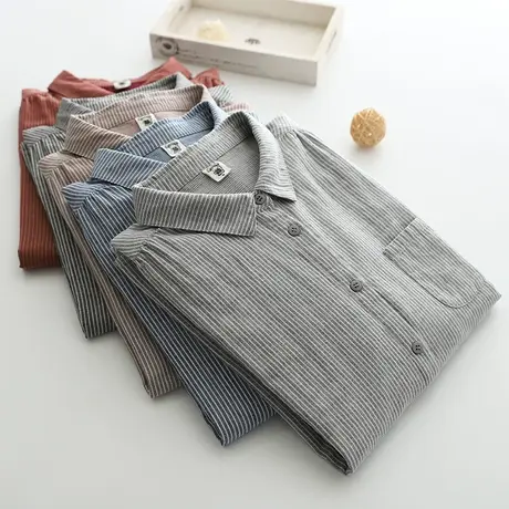 简约条纹双层棉纱长袖衬衫女宽松春秋装百搭文艺纯棉柔软女士衬衣图片