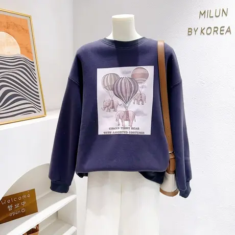 韩代同款小象卫衣秋冬款chic复古洋气灰色摇粒绒上衣宽松微胖遮肉商品大图