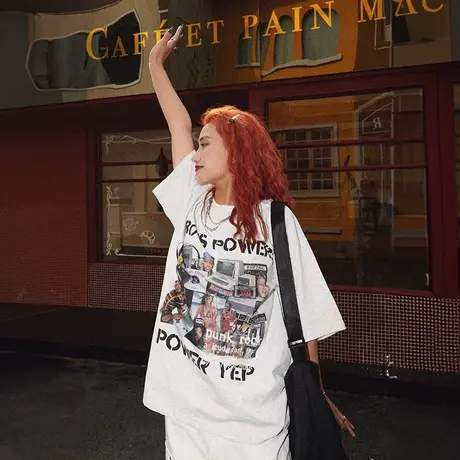 YEP潮牌美式印花短袖t恤女2023新款夏季情侣宽松港味复古chic上衣商品大图