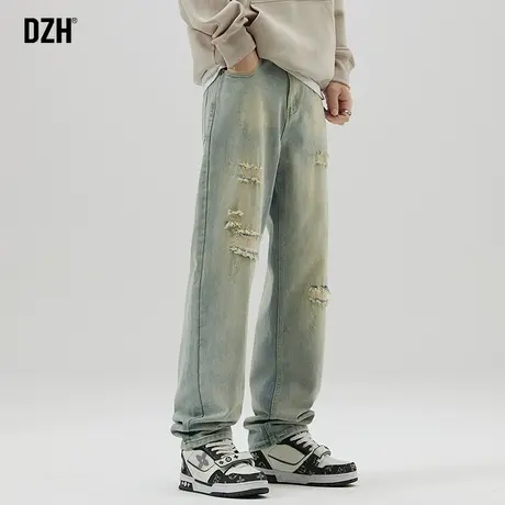 男士黄泥水洗破洞牛仔裤男直筒宽松美式高街裤子休闲裤窄版直筒裤商品大图