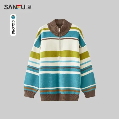 三福2024春季新款毛衣男撞色条纹廓形开衫情侣休闲宽松立领针织衫商品大图