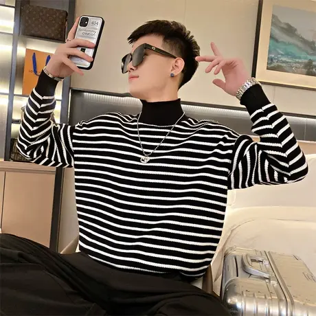 冬季时尚休闲高领条纹长袖针织衫潮牌潮流个性ins痞帅学生男毛衣商品大图