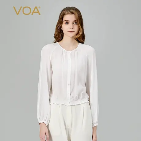 VOA桑蚕丝顺纡白色圆领衬衫袖单排扣收腰松紧百搭短款真丝衬衫女商品大图