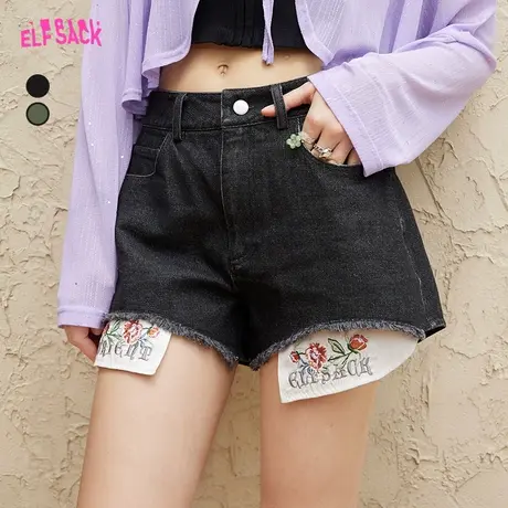 妖精的口袋黑色a字高腰牛仔短裤女2023夏新款显瘦设计感百搭辣妹图片