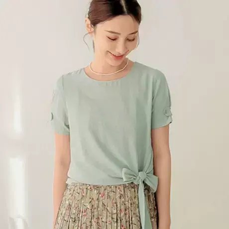 桔熊夏季通勤ol纯色圆领短袖下摆绑带收腰舒适上衣女大码AB17240商品大图