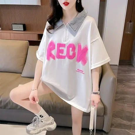小众设计感短袖t恤女夏季韩版宽松大码女装中长款翻领假两件上衣商品大图