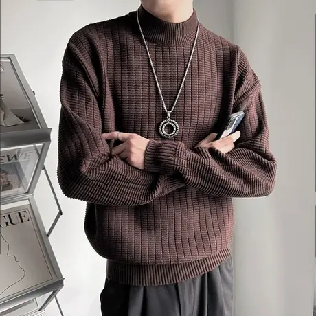 秋冬纯色半高领套头毛衣男ins爆款休闲格子内搭针织衫设计感线衣商品大图