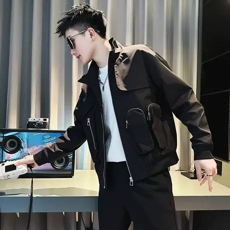 春秋季潮牌褂子2023新款潮流ins时尚立领机车工装口袋夹克外套男商品大图