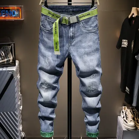 夏季薄款浅色破洞牛仔裤男潮牌直筒宽松男士长裤子男学生韩版潮流商品大图