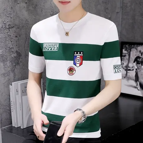 短袖2023夏季新款韩版冰丝针织t恤男士个性潮牌刺绣薄款半袖体恤商品大图