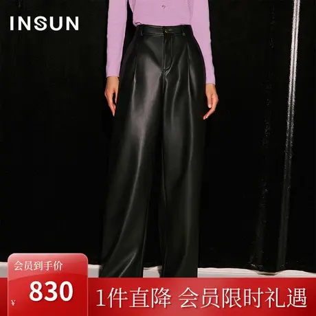 恩裳COVER2023秋装新款柔糯顺滑环保皮一体磨毛内里简约直筒皮裤商品大图