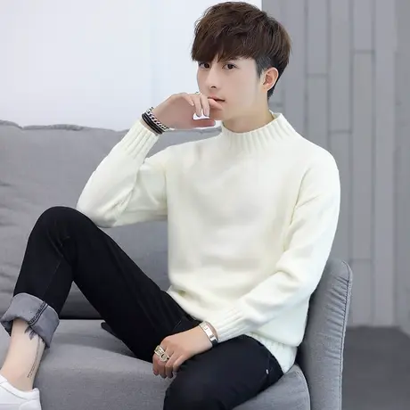 长袖T恤男士毛衣2023新款冬季加绒加厚上衣半高领卫衣针织打底衫商品大图