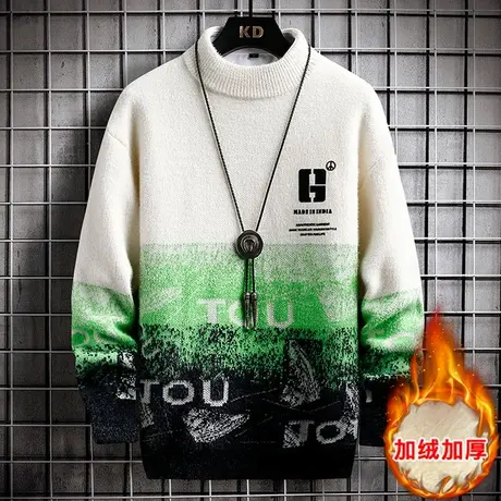 一体绒半高领毛衣男士秋冬季针织衫加绒加厚水貂绒冬装撞色打底衫商品大图