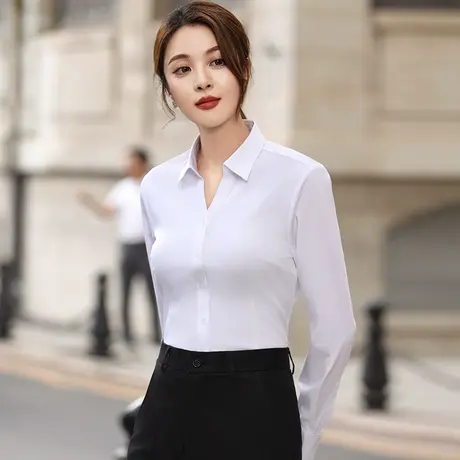 竹纤维V领长袖衬衫女面试正装工作服修身显瘦小个子气质职业衬衣商品大图