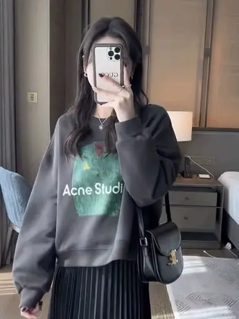 欧货卫衣女2023春秋新款韩版圆领长袖油画印花宽松洋气减龄短上衣商品大图