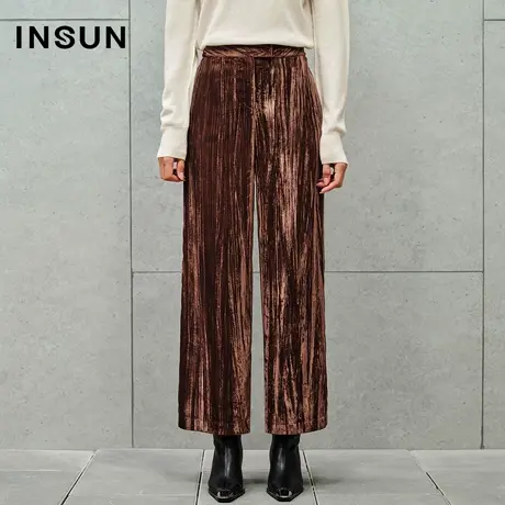 INSUN恩裳线上专选秋季压褶丝绒裤宽松阔腿裤图片