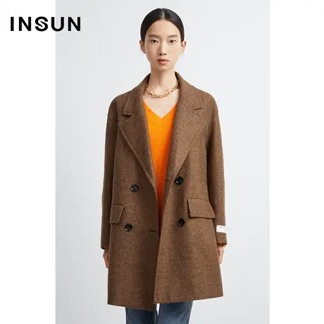 INSUN恩裳冬季双排扣复古人字纹毛呢外套商品大图