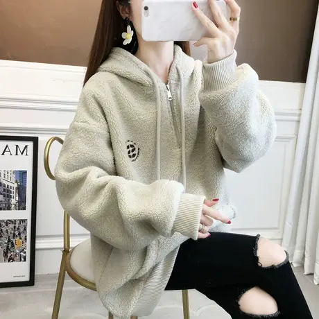 女士长款卫衣2023新款秋款连帽羊羔毛开衫外套慵懒风洋气时尚上衣商品大图