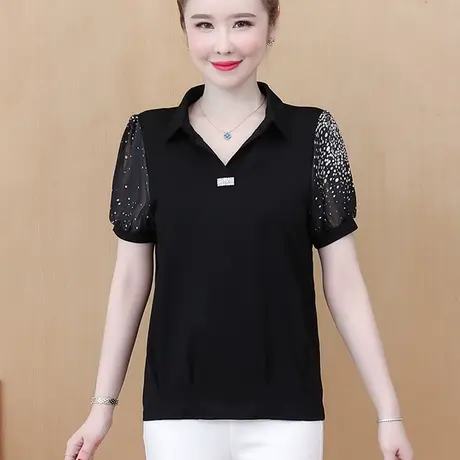 黑色2023夏装新款真丝短袖雪纺衫宽松妈妈装洋气遮肚子小衫大码女商品大图