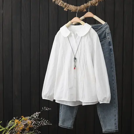 褶皱纯棉白衬衫女设计感小众长袖上衣春季新款减龄宽松娃娃衫衬衣商品大图
